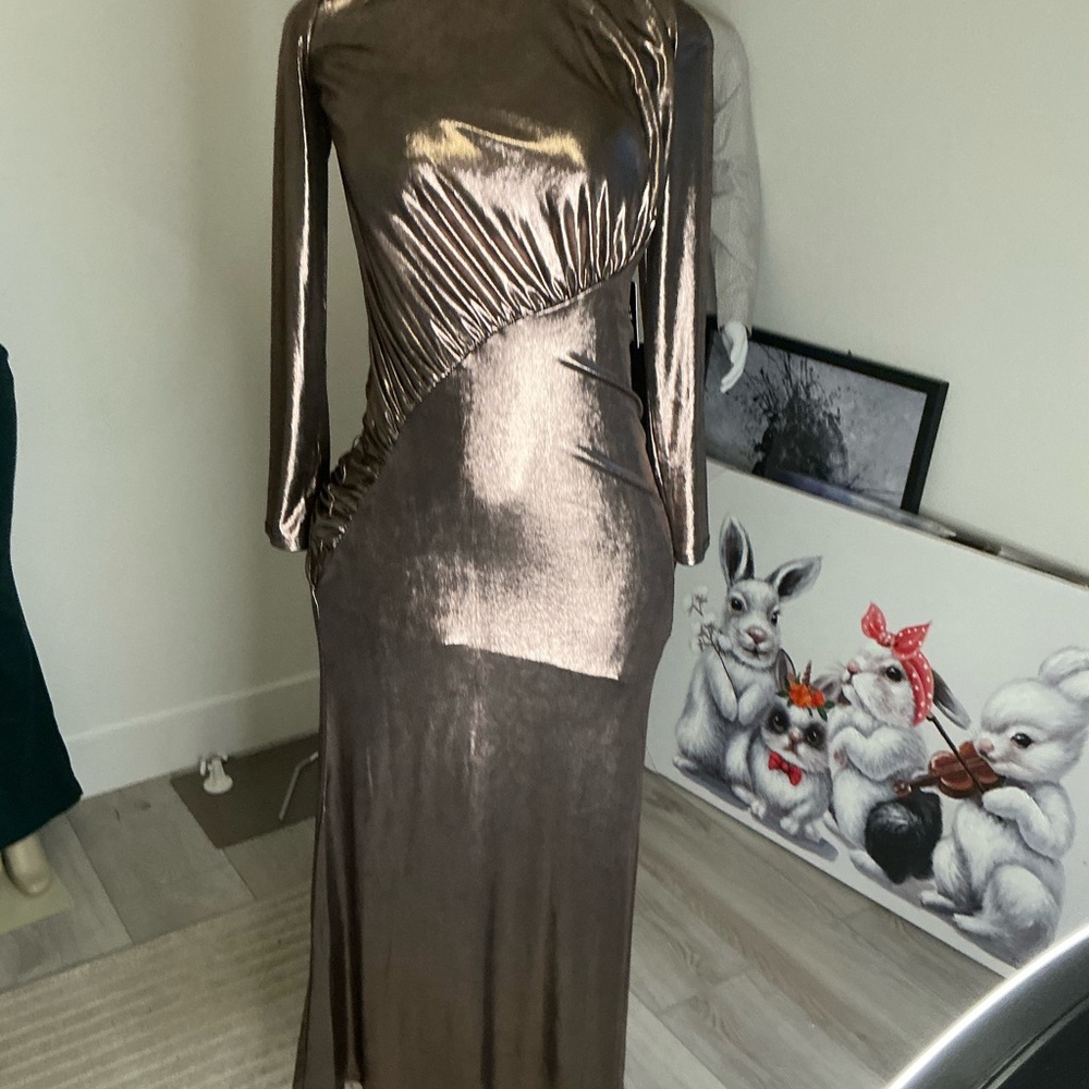 Express Gold Long Sleeve Ruched Mock Neck Dress